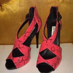 Coral color snake skin heels